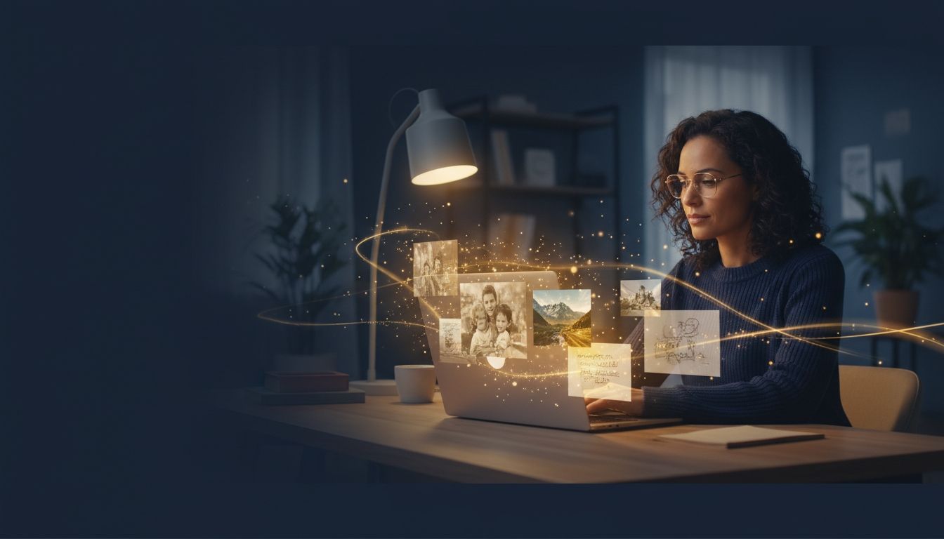 Person reviewing organized digital memories and photographs representing digital legacy planning