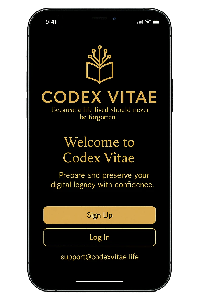 Mobile screen showing the Codex Vitae app main menu with three large buttons labeled Directive, Memory Management, and Care Team, under the welcome message: “Welcome to Codex Vitae. Select a section below to get started.”
